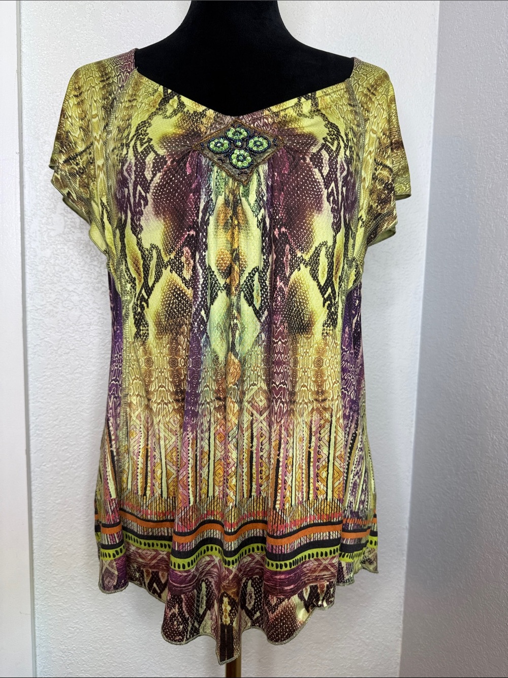 One World Lime Green Purple Python Print beaded Embellished Tunic Top Size Med